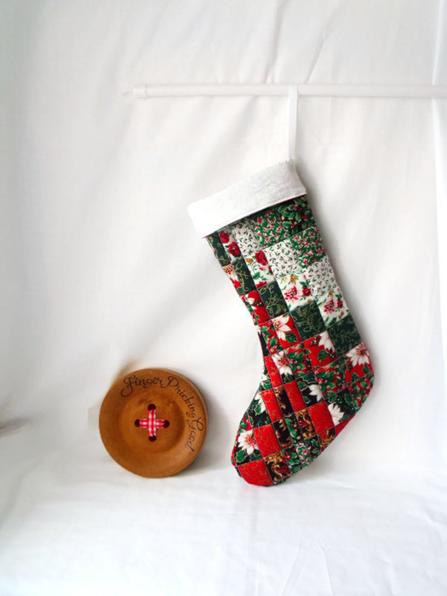 quilted faux patchwork christmas stocking, festive hanging decoration