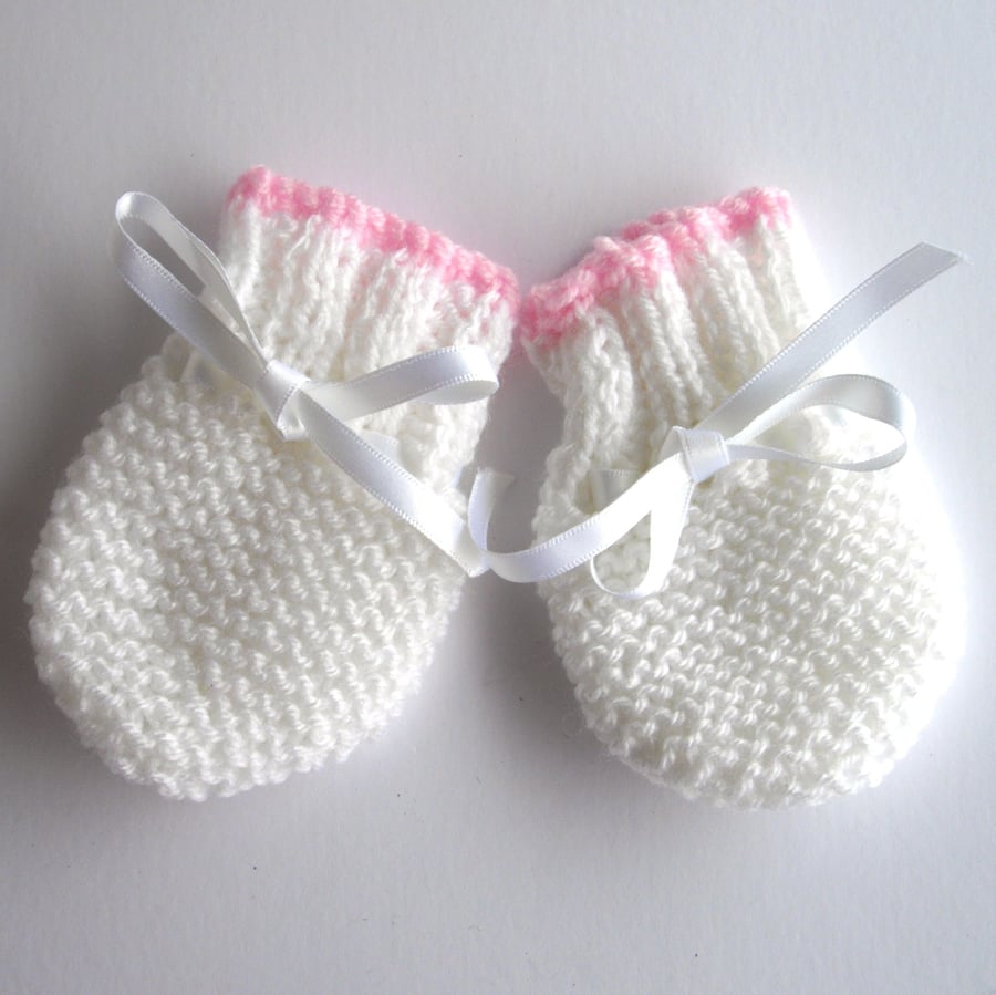 Hand Knitted Pink and White Baby Mittens