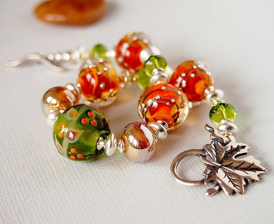 Lampwork Bracelet - Glass Bead Bracelet - Autumn Colours - Sterling Silver