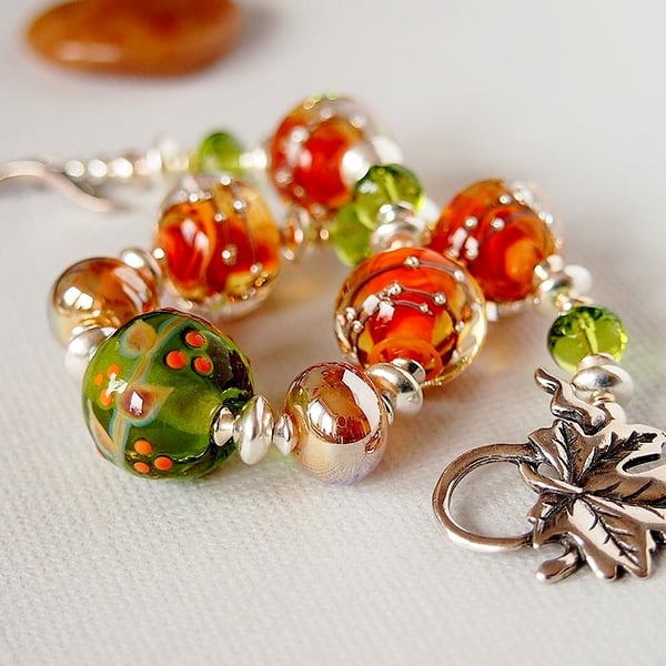 Lampwork Bracelet - Glass Bead Bracelet - Autumn Colours - Sterling Silver