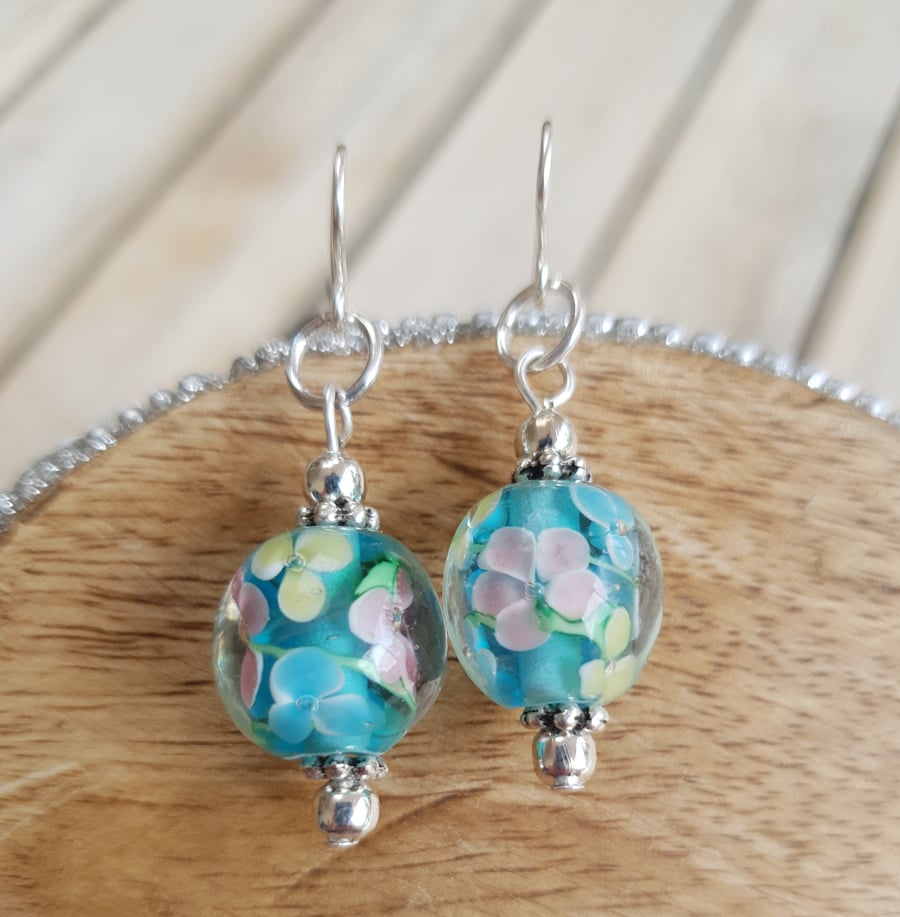 Floral Lampwork Glass Bead Dangle Earrings - Bright Blue