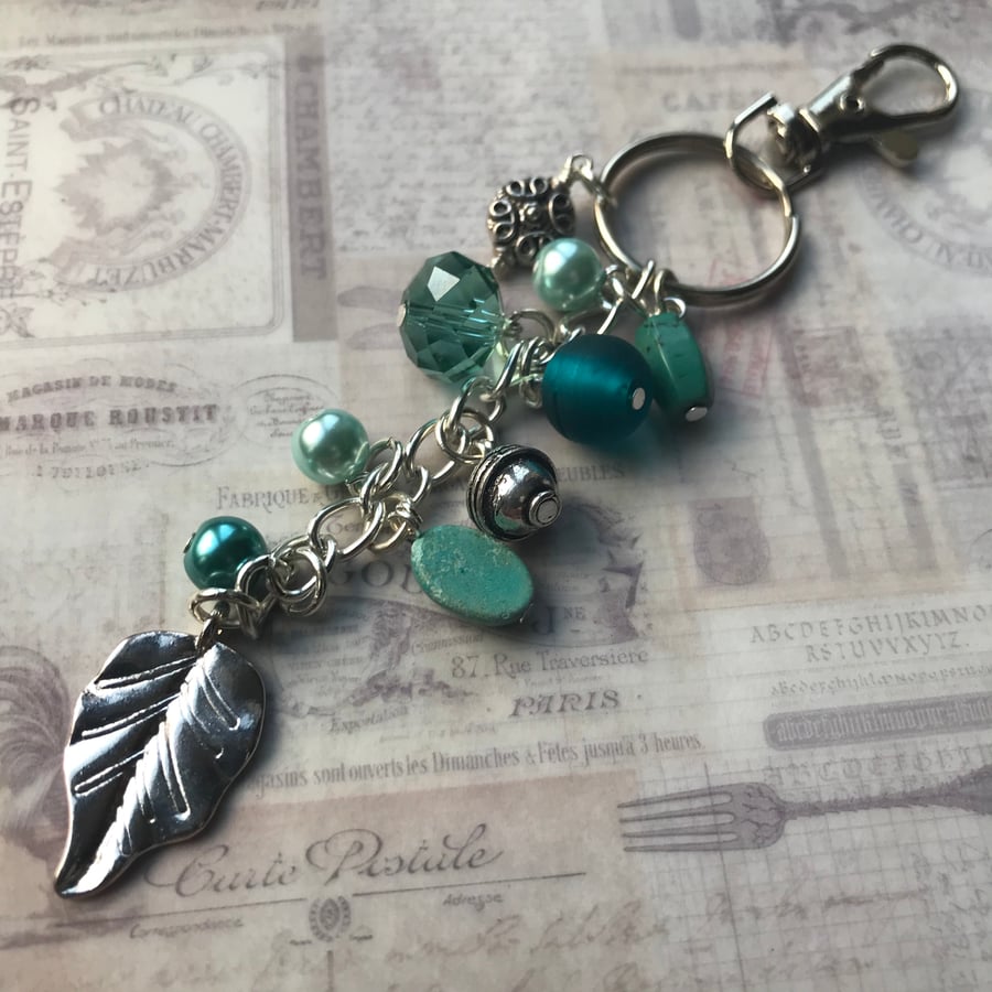 Turquoise and silver beaded bag charm