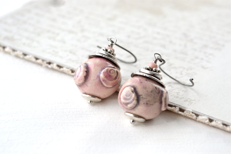 Rustic earrings, dusky pink earrings, ceramic beads, artisan jewellery