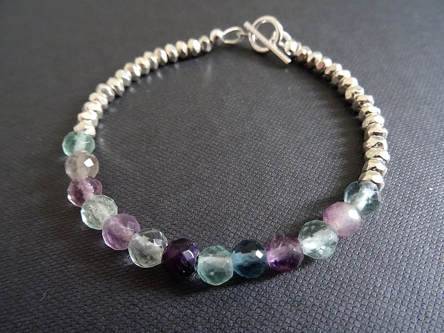 Hilltribe Silver and Faceted Rainbow Fluorite Bracelet.