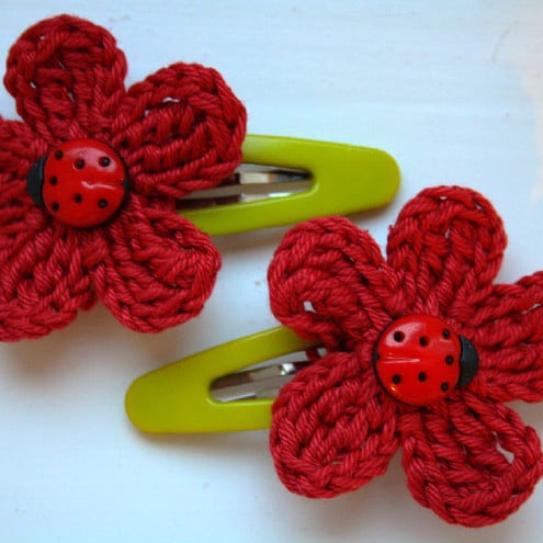 A pair of hair clips with crochet flowers RED ladybird bug