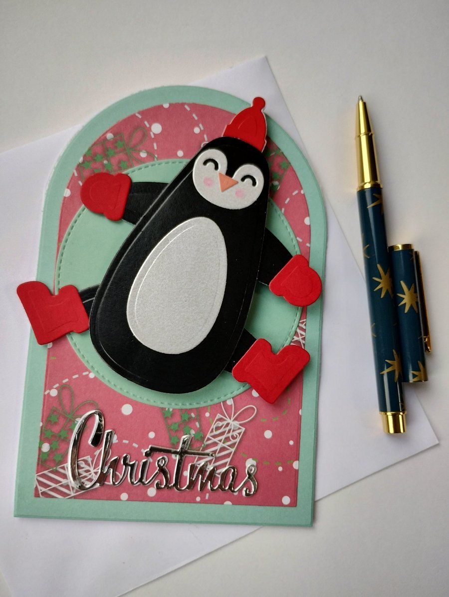 Jumping Penguin Christmas Card 