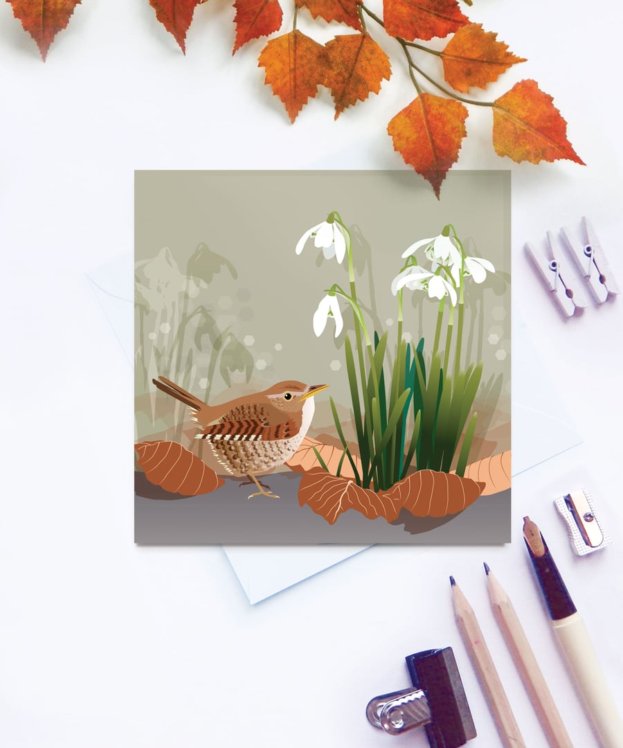 Wren Card - British Bird, Spring, Snowdrops, Eco Friendly