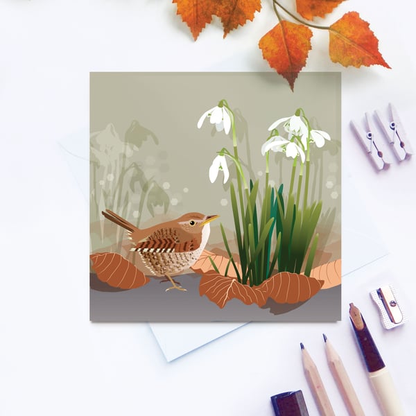 Wren Card - British Bird, Spring, Snowdrops, Eco Friendly