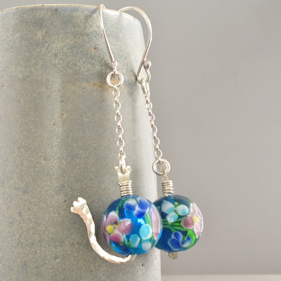 Whimsical "Little Fish" Sterling Silver and Ornate Lampwork Glass Drop Earrings