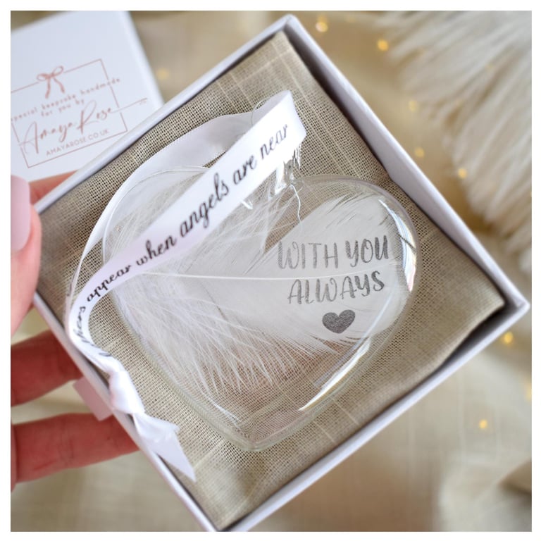 With You Always Memorial Feather Bauble, Heart Glass Christmas Ornament, Remembr