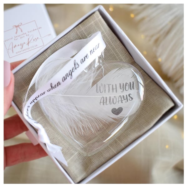 With You Always Memorial Feather Bauble, Heart Glass Christmas Ornament, Remembr