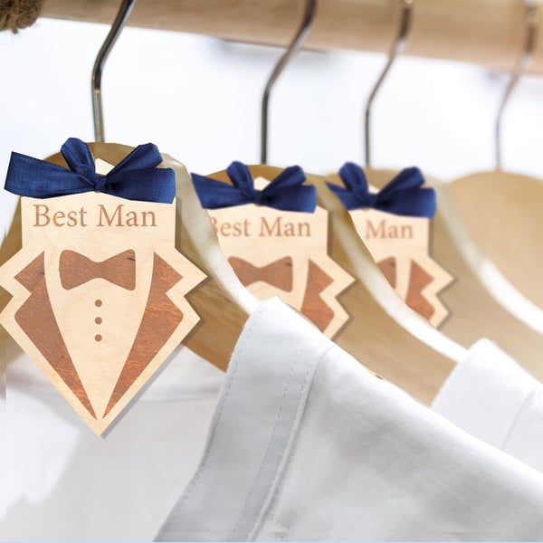 Personalised Wedding Hangers Charm Tuxedo Groomsman Engraved Wooden Role or Name