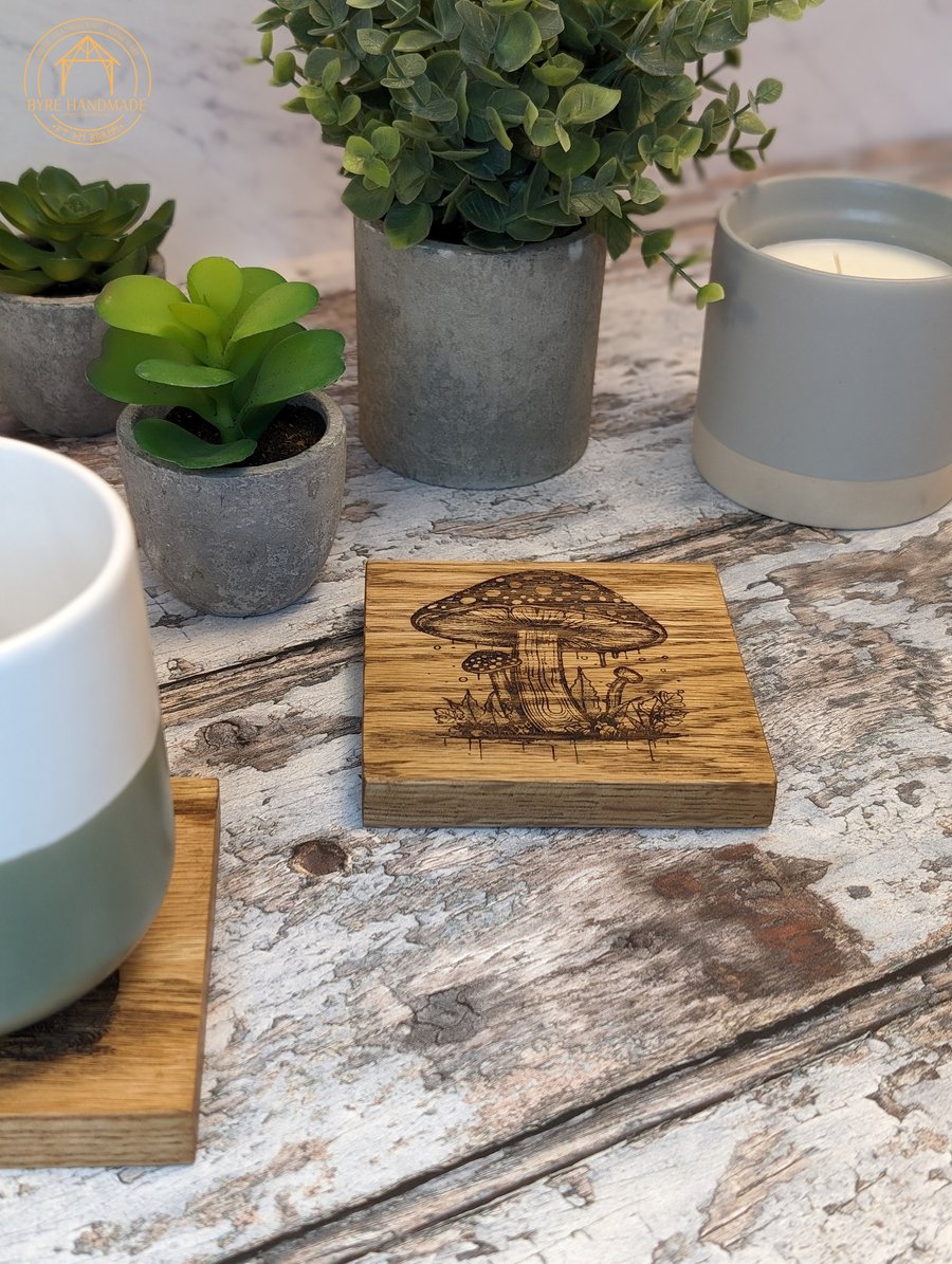 Set of 4 Wooden Coasters -Chunky Solid Oak Coaster - Engraved Toadstool Coaster 