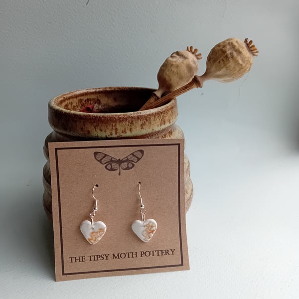 Ivory floral heart porcelain clay earrings on silver plated hooks