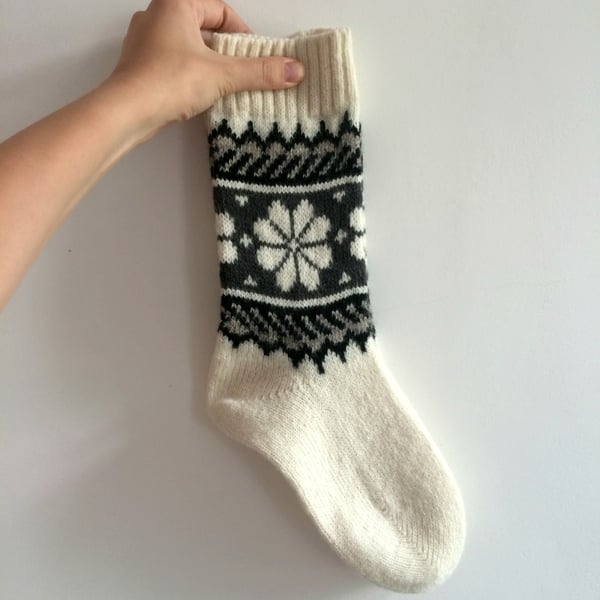 Ready to Ship White Grey Wool Socks Floral Flower Fair Isle Traditional Nordic