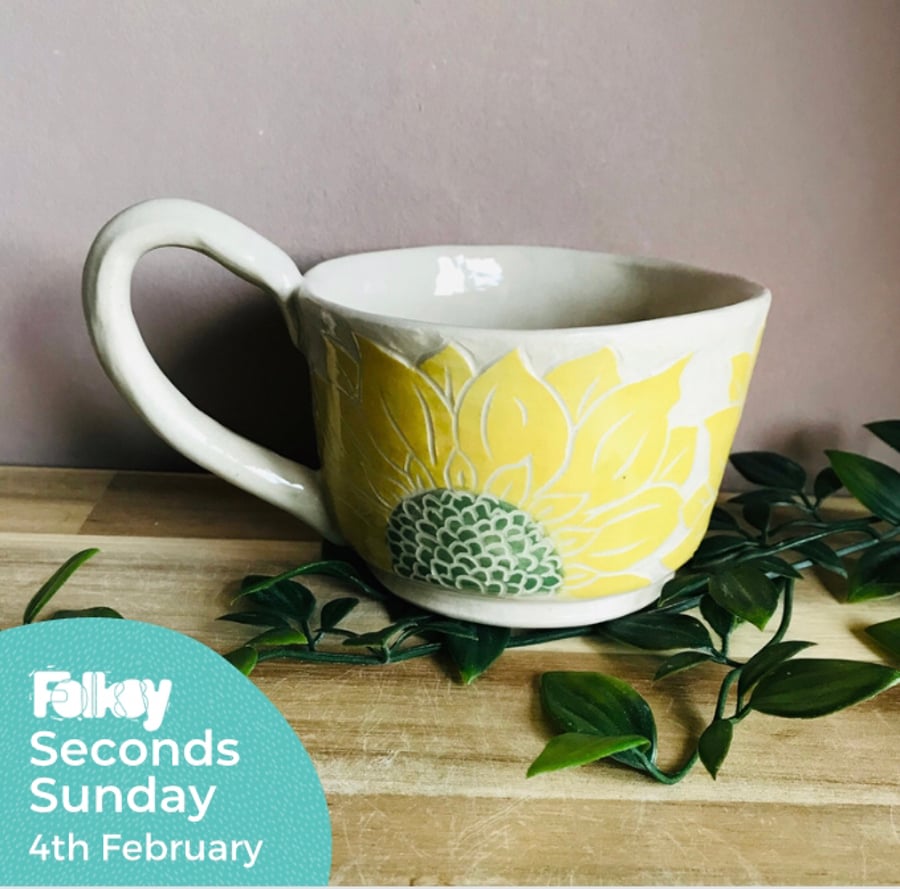 SECONDS SUNDAY Handmade stoneware sgraffito yellow sun flowers mug tea coffee 