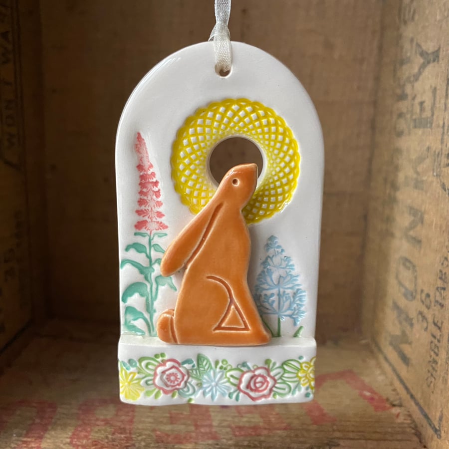 Sale Small moon gazing hare pottery hanging decoration