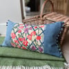 Sweet Pea tapestry long floral cushion denim blue with pompoms