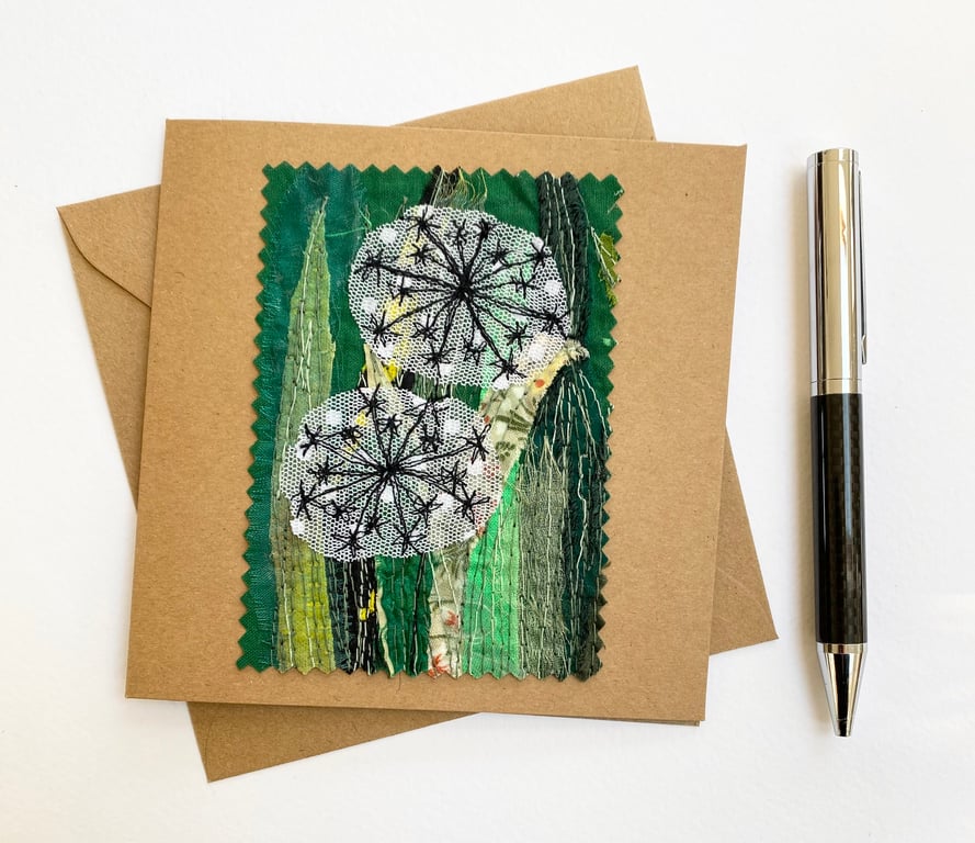 Up-cycled embroidered dandelion clock garden card. 