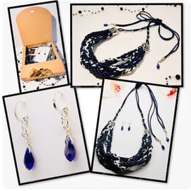 Blue and white multi strand braided Necklace & 925 Silver Earrings set 