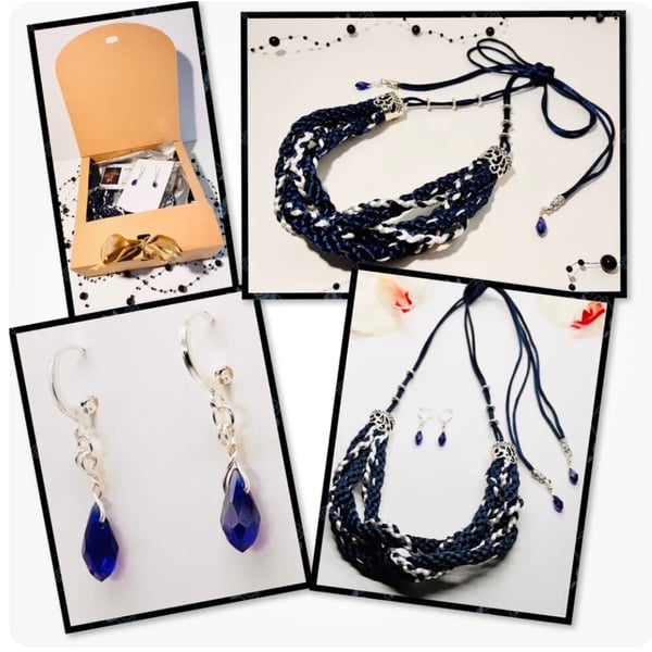 Blue and white multi strand braided Necklace & 925 Silver Earrings set 