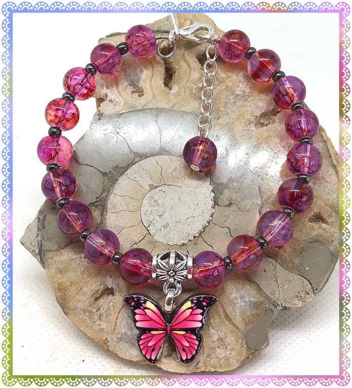 OOAK Red Butterfly bangle style bracelet with dragon vein beads
