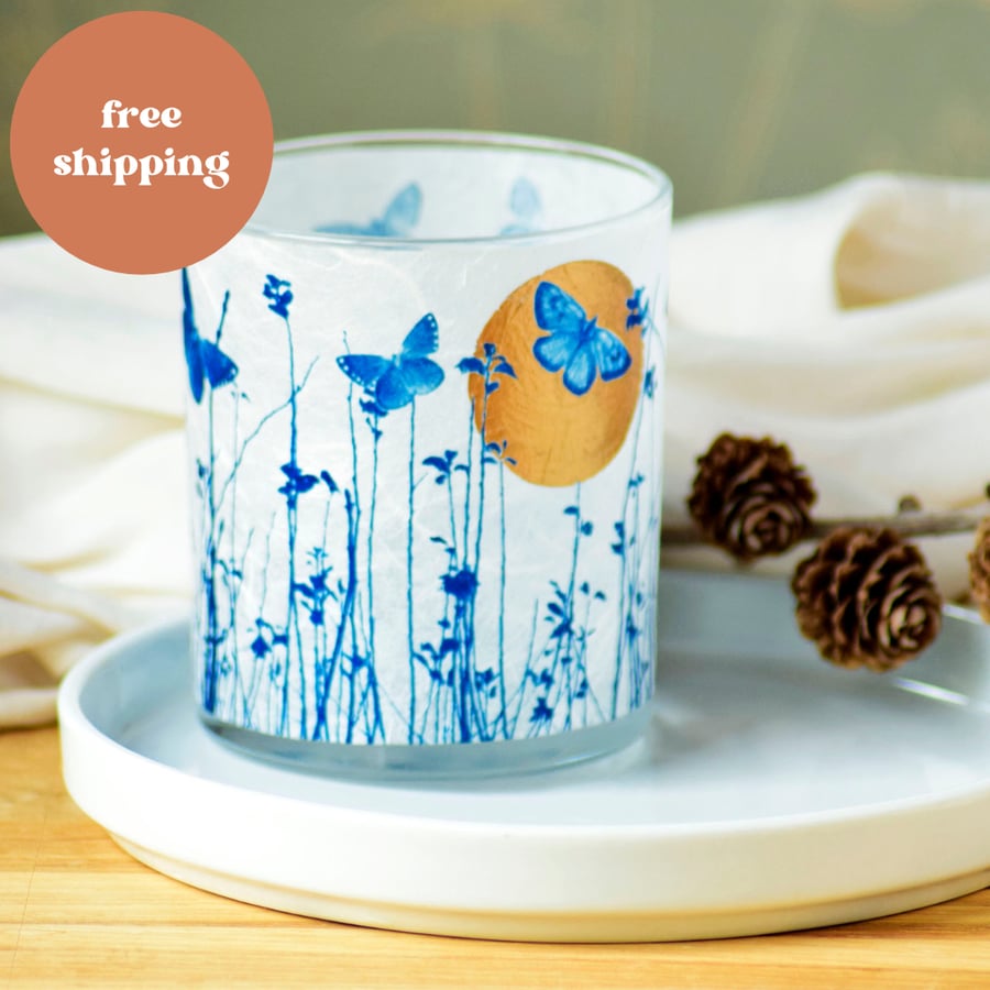 Gold Collection Butterfly meadow Cyanotype tealight holder, Handmade gift 