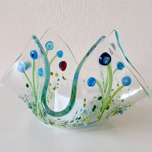 Fused glass tea light or candle holder - blue floral with ladybird