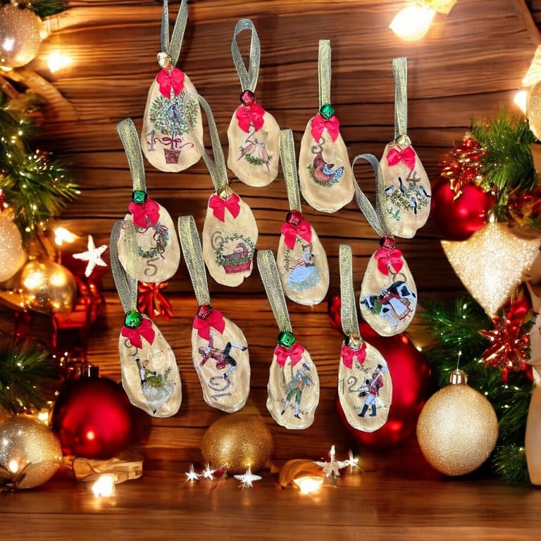 Christmas Oyster Shell Decoupage - 12 days of Christmas 7-10cm Length