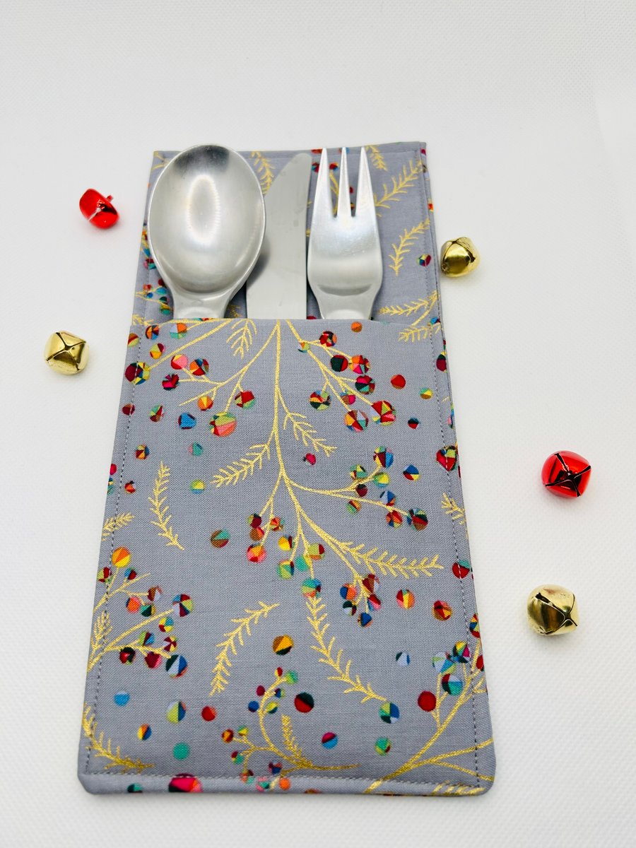 Cutlery Holder for Christmas Dinner Table Lovely Metallic Fabric Place Setting 