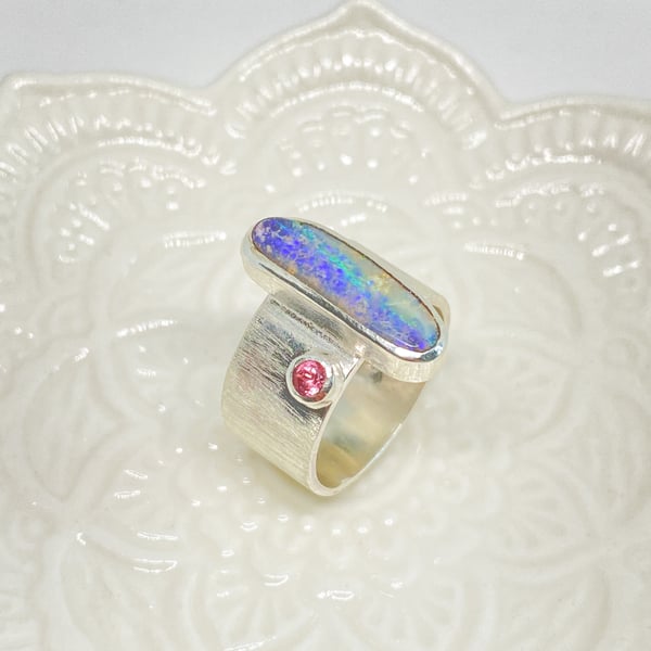 Boulder Opal Silver Ring Handmade 
