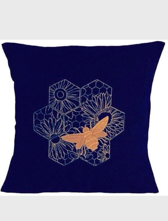 Gold Bee Embroidered Cushion Cover NAVY 14”x14”, Gift Idea 