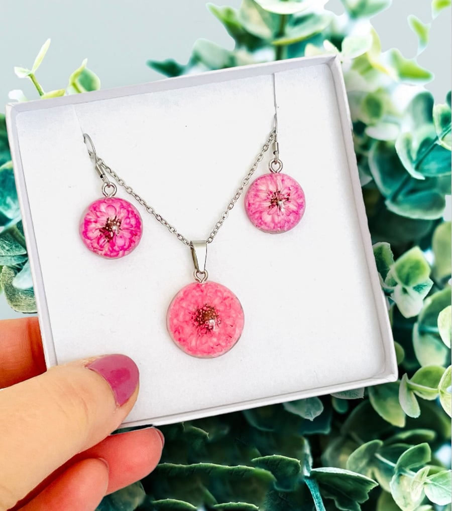 Pink flower domed necklace, real flower jewellery