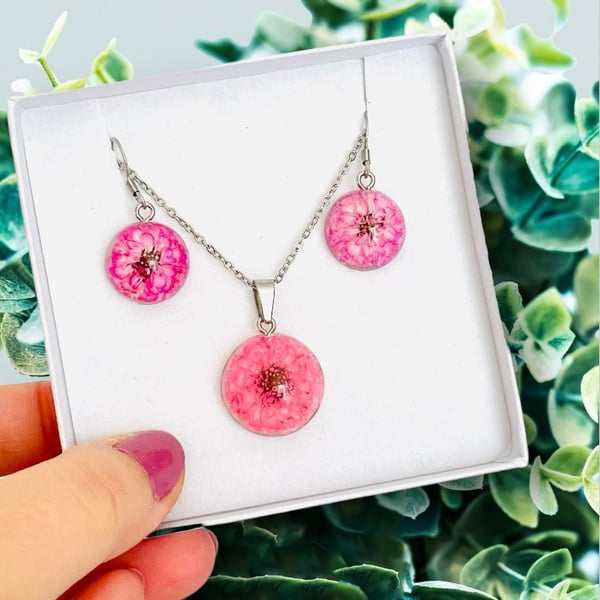 Pink flower domed necklace, real flower jewellery