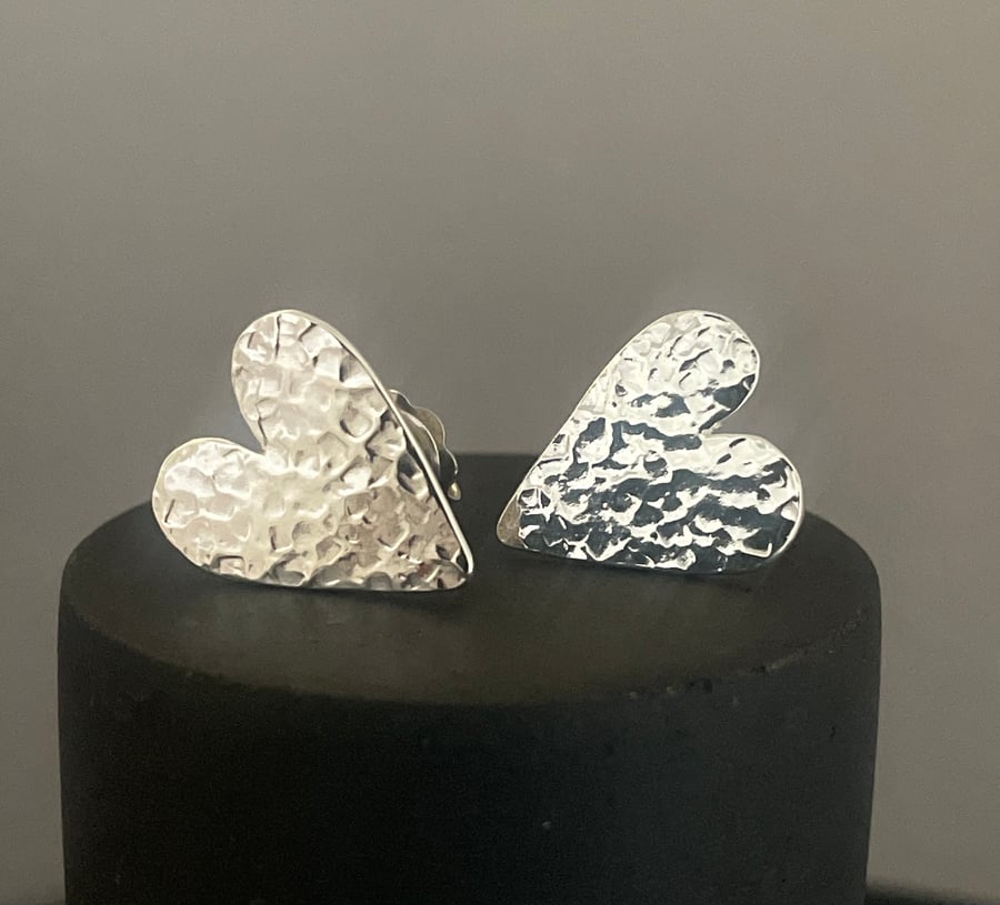 Sterling Silver Heart Ear Stud Earrings 15mm Hammered-Sparkly Handmade UK