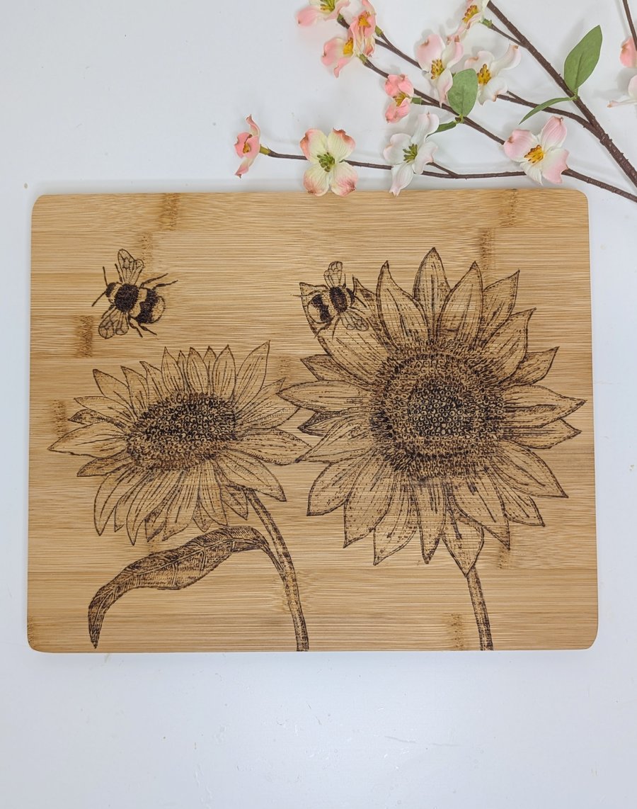 Sunflowers pyrography wooden chopping board, natural kitchen gift