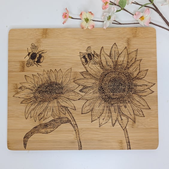 Sunflowers pyrography wooden chopping board, natural kitchen gift
