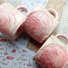 Small rustic mug,tea cup, linocut design peony flowers peach pinks