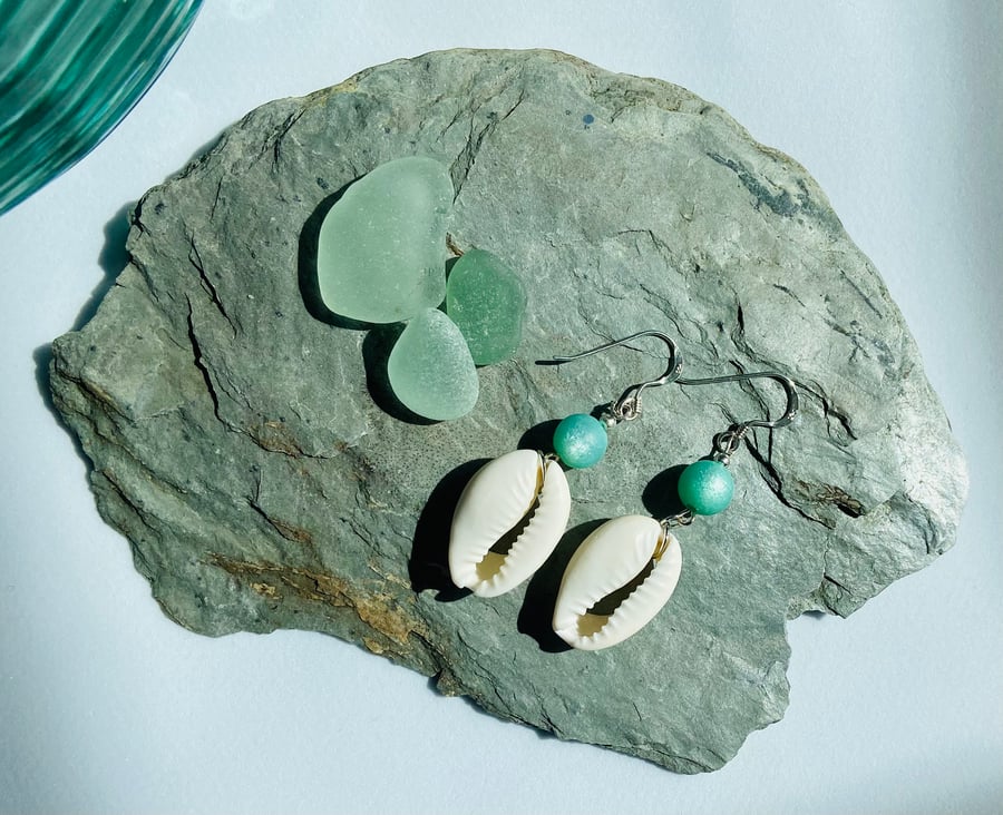 Sterling Silver Fish Hook Earrings with Cowrie Shell & Sea Foam Polaris Beads