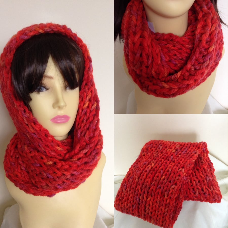 Hand Knitted Infinity Scarf in Flame Red