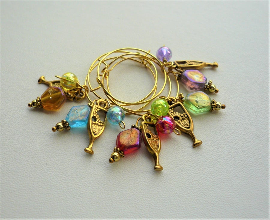 Gold Champagne Glass Multicoloured Lustre Bead Wine Glass Charms    KCJXWG4