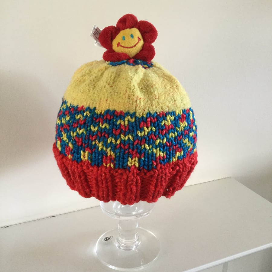 Hand Knit Child's Bobble Hat in Red,Yellow and Blue