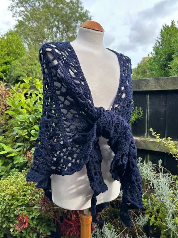 Handmade Soft Navy Blue Merino Lace Triangle Shawl Wrap