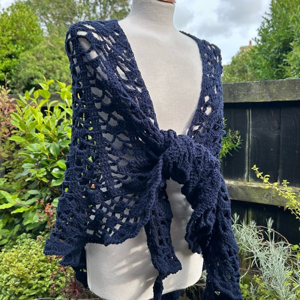 Handmade Soft Navy Blue Merino Lace Triangle Shawl Wrap
