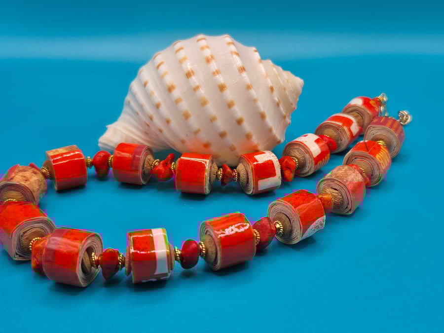 Vibrant and unique Orange paper beaded necklace