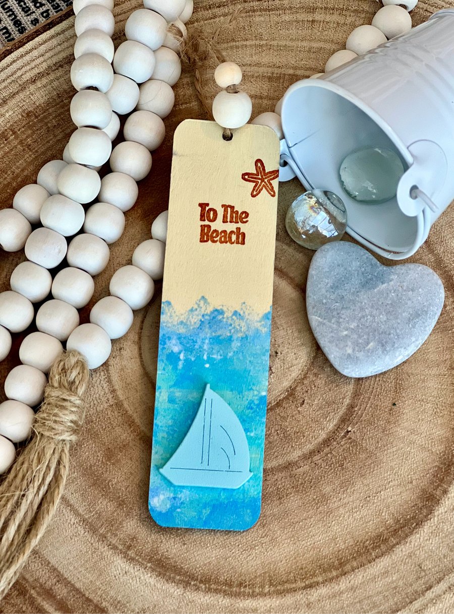 Wooden Bookmark and or Home Decoration - ‘To the beach’ seaside, sailboat 