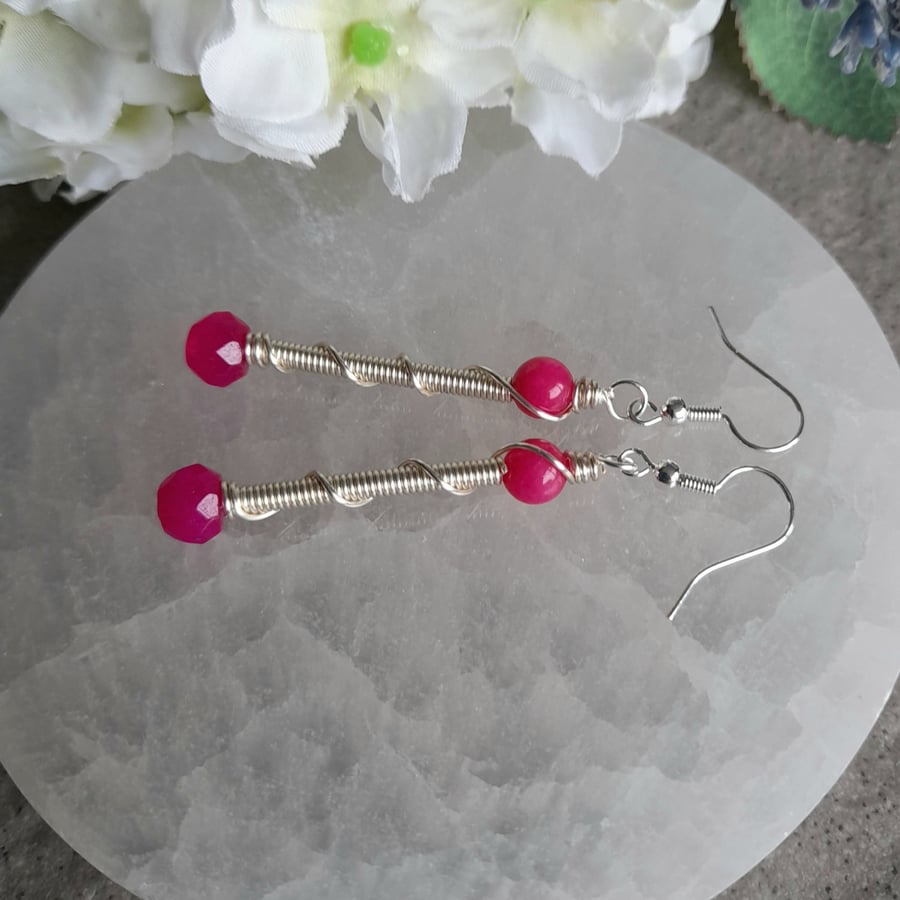 Silver Plated Wire Wrapped Drop Earrings With Pink Chalcedony 