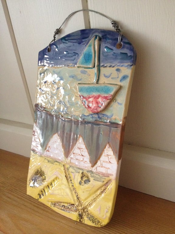 Beach wall art ceramic plaque textured