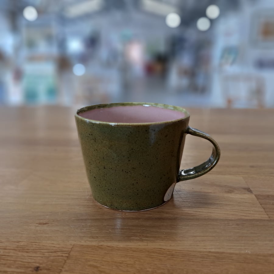 HAND MADE CERAMIC MUG - glazed in pink and olive speckle
