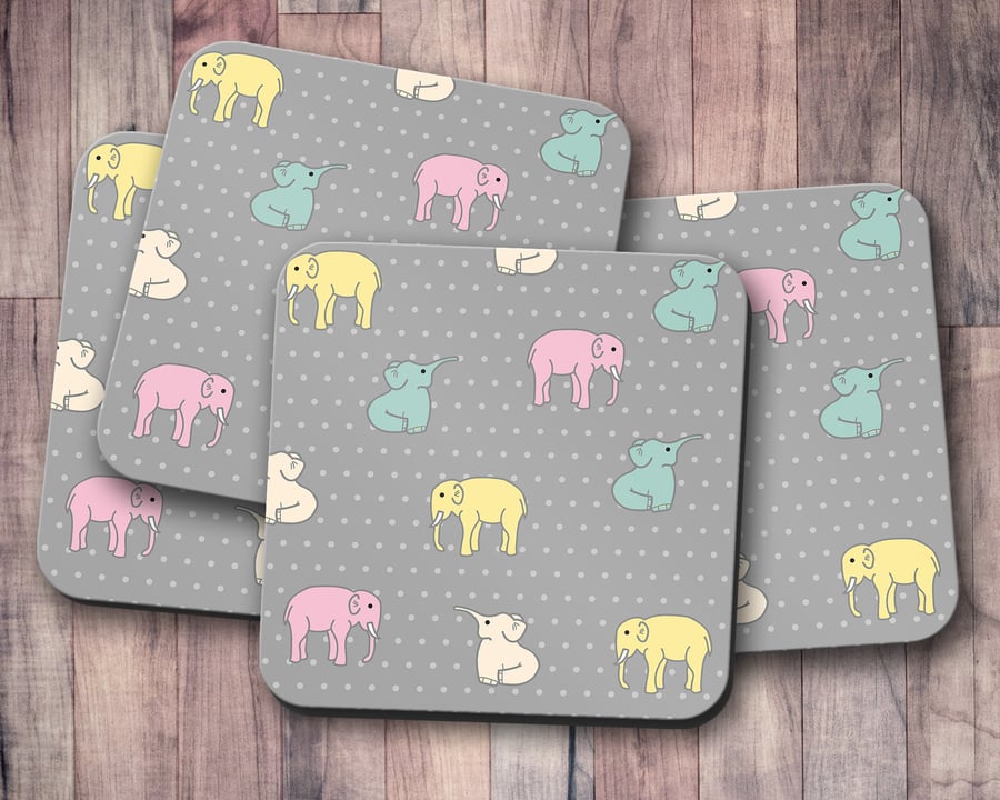 Set of 4 Grey with Multicoloured Elephants Design Coasters